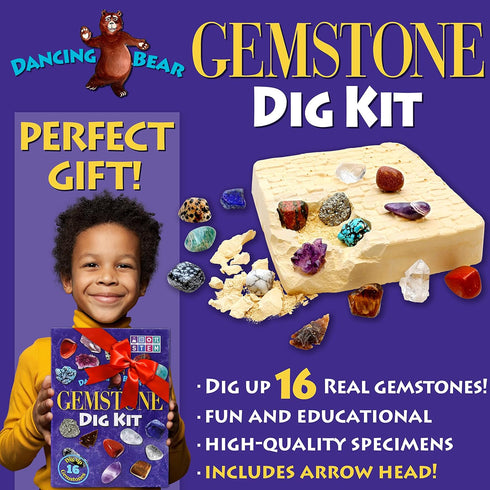 DANCING BEAR Gem Dig Kit - Excavate 16 Gems & Crystals, STEM Education Gift Set for Kids