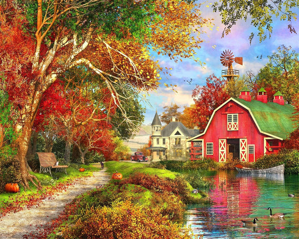 Springbok Autumn Barn 1000 Piece Jigsaw Puzzle Illustration of Classic Barn and Farm House in Fall