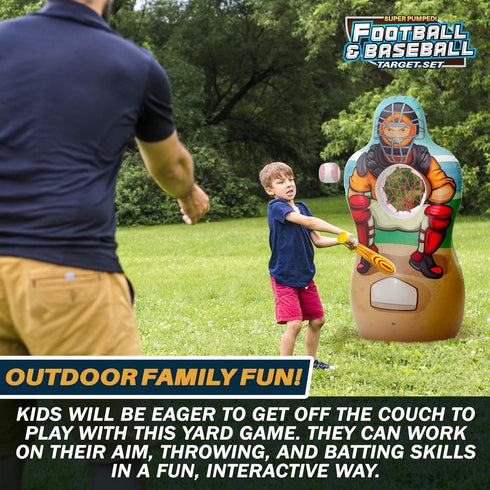 Inflatable Double-Sided Baseball & Football Target Set, Blow Up Toy with Soft Football, Baseball & Inflatable Bat
