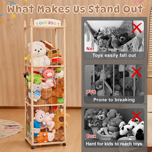 54" Stuffed Animals Storage with Wheels, Rolling Toy Organizer, Stuffed Animal Zoo Storage, Space Save Plushie Holder