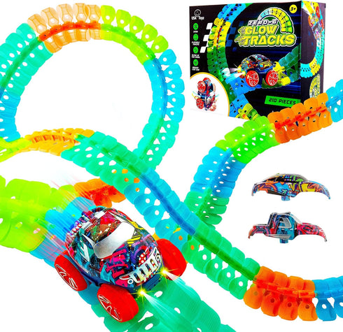 USA Toyz Zero-G Glow Race Track for Kids - 210pcs Glow in the Dark Flexible Race Car Track Set with Suction Cups, Slot