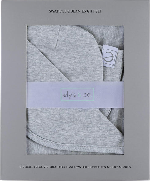 Ely's & Co. Large Cotton Knit Jersey Swaddle Blanket and 2 Beanie Gift Set, Heather Grey Receiving Blanket
