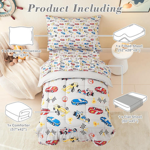 4 Set Sets Mooreeke Pieces Toddler Bedding - Soft Race Cars Toddler Comforter for Girls, Includes Quilted Comforter
