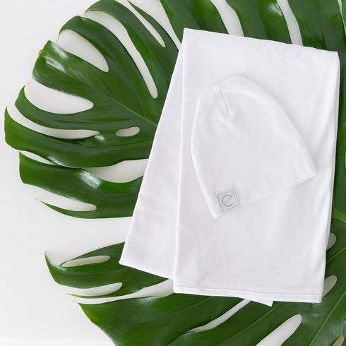 2 Set, Ely's & Co. Cotton Knit Jersey Swaddle Blanket and Beanie Gift Large Receiving Blanket - White