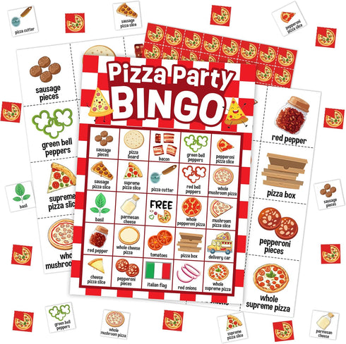 Mueddur Pizza Party Bingo Card, Pizza Bingo Set for Adults Large Group Family