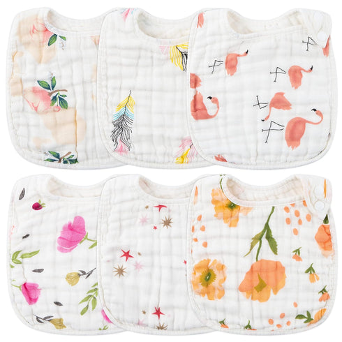 Zainpe 6Pcs Snap Muslin Cotton Bibs for Baby, Adjustable Burp Cloths with 6 Absorbent Layers for Feeding and Teething