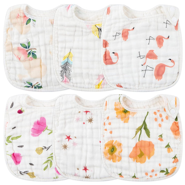 Zainpe 6Pcs Snap Muslin Cotton Bibs for Baby, Adjustable Burp Cloths with 6 Absorbent Layers for Feeding and Teething