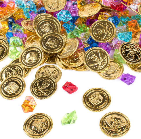 Super Z Outlet Pirate Plastic Gold Coins & Gems, 120 Coins + 120 Gems, Party Favor Decorations