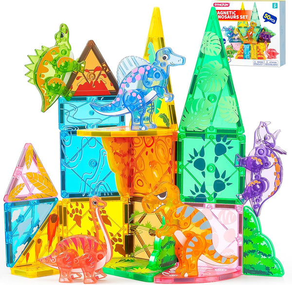 SYNCFUN Magnetic Building Tiles Dinosaur Set for Kids, 50PCS Including 5 Cute