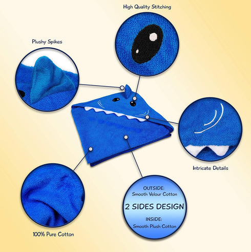 Hooded Baby Shark Towel, Soft 100% Cotton, Perfect for Newborn to Toddler (Blue)