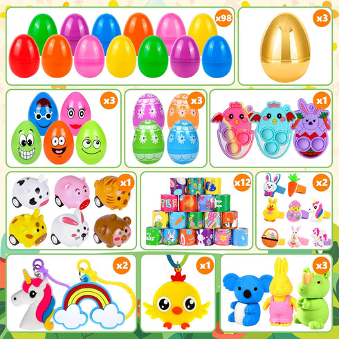 OCTERIC 330Pcs Set, 110 220 Colorful Prefilled Plastic Easter Plactic Eggs Filled with Assorted Toys Stickers Party