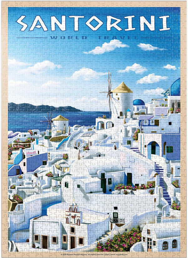 MyPuzzle Greece Santorini - in Blue and White, Vintage Travel Poster -