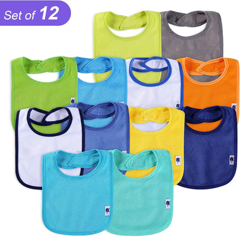 12 Pack Terry Drool Cotton Bibs, Unisex Baby Bibs with Waterproof Fiber Filling for Feeding and Teething