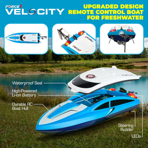 Force1 2.4GHZ 2 Velocity Blue Fast RC Boat- Remote Control Boats for Adults and Kids, Underwater Speed Racing Mini RC