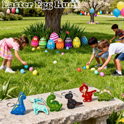 24 Pack Prefilled Easter Eggs with Dinosaur Pop Keychain Toys for Egg Hunt Easter Party Favors for Kids Boys Girls