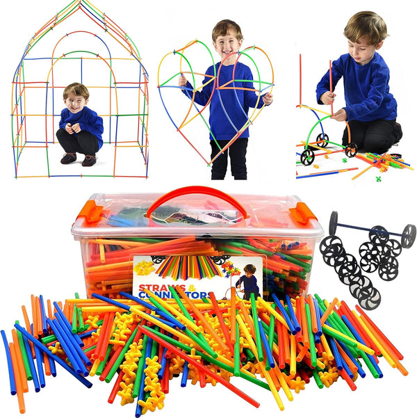 Playlearn Large 816 Piece Straws Builders Construction Toy - 8 Inch Full Size Straws, Giant Pack with Wheels