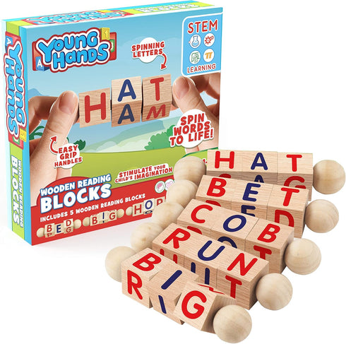 Wooden Reading Blocks, Creative Kids Set of 5 Spinning Alphabet Blocks w/Easy-Grip Handles - Kindergarten Preschool