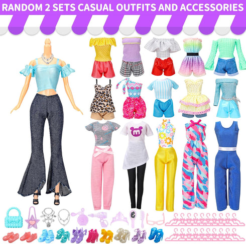 52 Pcs Doll Clothes and Accessories - 2 Wedding Gowns, 6 Fashion Dresses, Casual Outfits, Shoes, Accessories for Girls