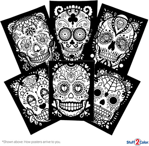 Stuff2Color Sugar Skulls Fuzzy Velvet Halloween Coloring Posters, 6 Pack for Day of The Dead Activity