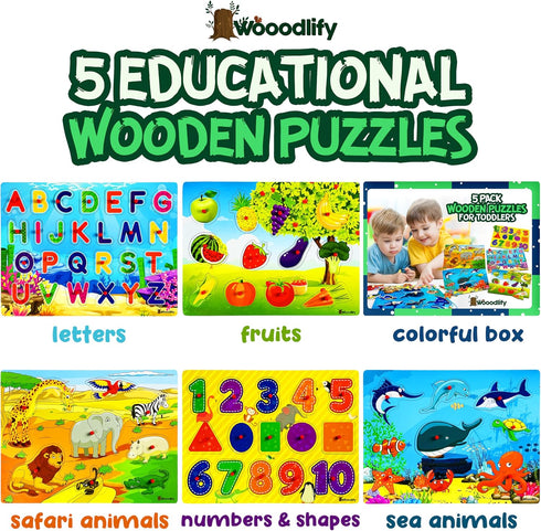 WOOODLIFY 5 Pack 1-3 2-4 Wooden Puzzles for Toddlers - Colorful Chunky Wooden Peg Puzzles - Educational Learning