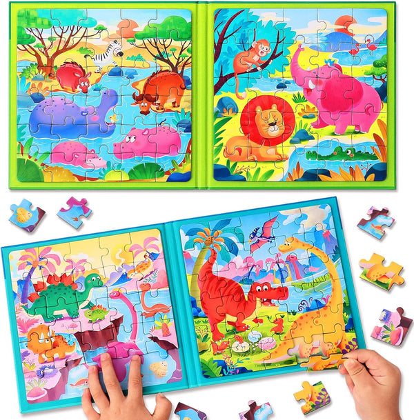 Magnetic Puzzles for Kids Ages 3-5 - Two-Book Set - Dinosaur Animal Jigsaw Puzzle Magnet Books for Learning Activities