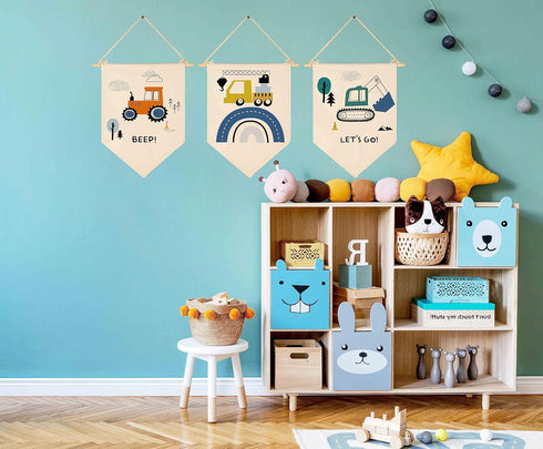 GEANHIL -Set 3 Transport,Construction,Vehicle Construction,Truck Nursery Decor-Flag Decor Gift for Baby Boys Newborn