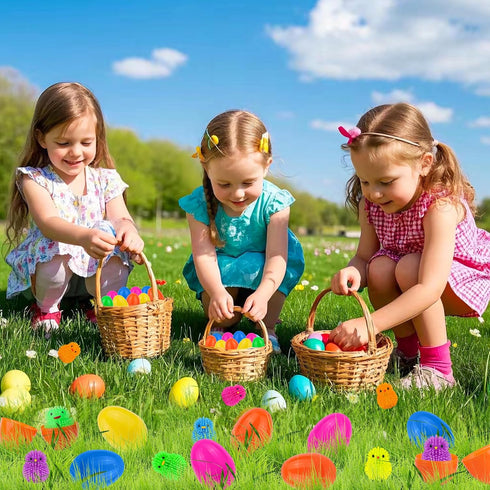 FLYSNK 18 Pack Easter Eggs Filled with LED Chick Puffer Balls, Easter Basket Stuffers with Light Up Fidget Stress Toys