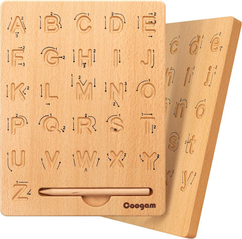 Coogam Wooden Letters Practicing Board, Double-Sided Alphabet Tracing Tool Learning to Write
