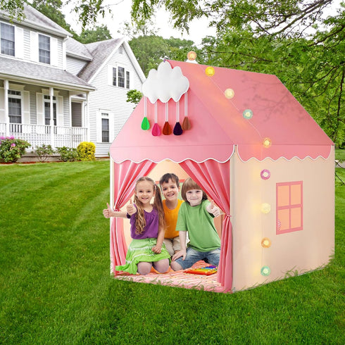 Pink Kids Play Tent with Mat, Cloud and Ball Lights, Large Playhouse for Boys and Girls, Indoor & Outdoor Toddler