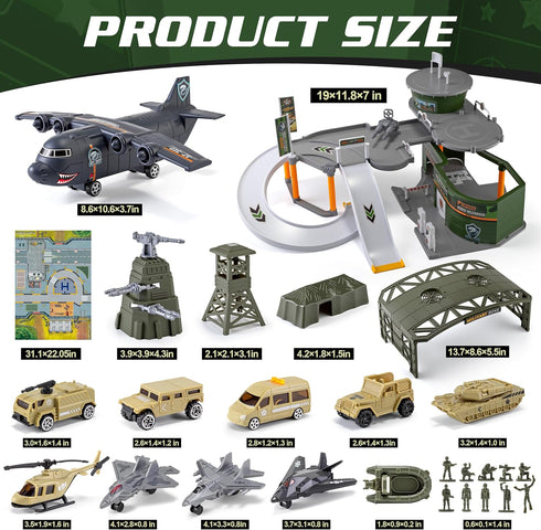 Set Military Base Toy Race Track with Airplane, Tanks, Cars, Helicopters, Fighter Jets, Army Men Action Figures