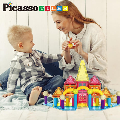 82 3+ PicassoTiles Piece Magnetic Sticks and Magnet Tiles Construction Building Block Toys for Toddlers, STEM Learning