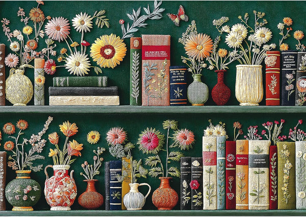 Blueforest 1000 Piece Puzzle for Adults - Vintage Embroidered Bookshelf & Floral