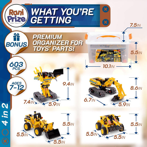 4-in-1 DIY Construction STEM Toy, 603-Piece Excavator Building & Robotics Kit for Boys & Girls 8-12