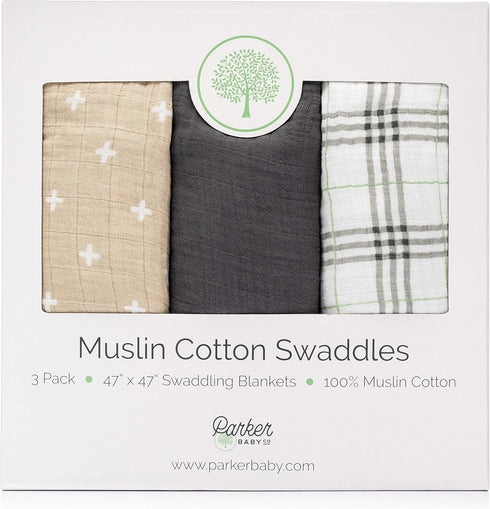 Pack 3 100% Set Parker Baby Co. Swaddle Blankets - of of Cotton Muslin Swaddle Blankets for Baby Boys and Girls