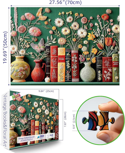 1000 27.5x19.7 Inch MININWAN Mbroidered Style Vintage Botanical Flower Bookshelf Puzzles for Adults Pieces, Green