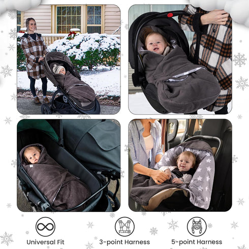 5 Car Seat Blankets for Babies Winter - Stroller Footmuff Carseat Cover Baby Point Harness - Swaddle Bunting Bag (Grey)