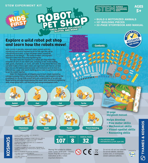 8 Thames & Kosmos Kids First Robot Pet Shop: Owls, French Bulldogs, Sloths & More! STEM Experiment Kit for Young