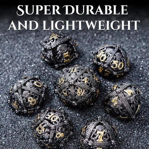 Metal DND Dice Set - Unique Round Hollow Orb Design for Better Rolling - Cthulhu Metal Dice for RPG (Black Gold)