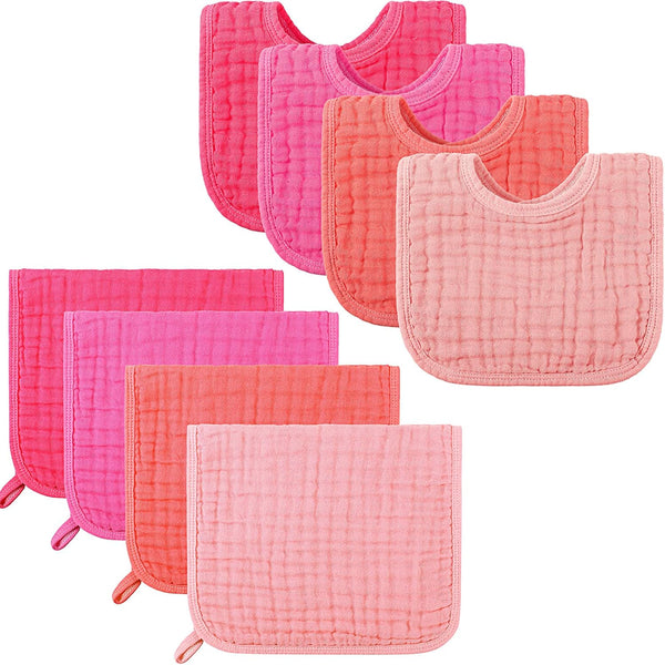 Tatuo 8 Pieces Baby Muslin Bibs & Burp Cloths Set, 20 x 10 Inch