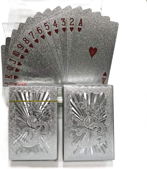 IvyMei 2 Pack Waterproof Dragon Playing Cards, Silver Foil Plastic PVC Poker Cards, High Flexible