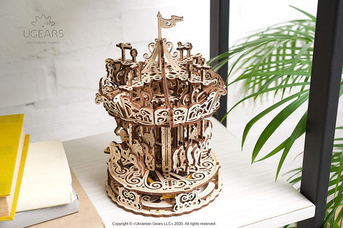UGEARS Carousel Wooden Mechanical 3D Model, Self-Assembling Craft DIY Kit for Adults and Teens