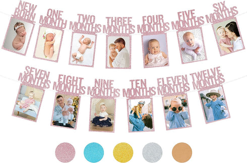 1st Birthday Photo Banner PartyHooman for Baby from Newborn to 12 Months, Rose Gold