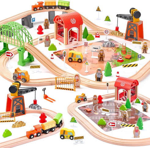 Wooden Train Set 102-Piece for Toddlers Kids Ages 3-8, Double-Sided Expandable Train