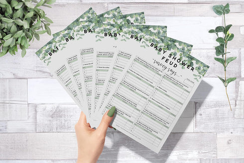 Eucalyptus Baby Shower Family Feud Game Set - Your Main Event Prints, 50 Question Cards, Fun Group Activity