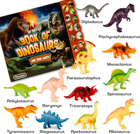 PREXTEX Dinosaur Toys for Kids 3-5, 12 Plastic Figures & Interactive Book with Sound, Toddler Dinosaur Toy Set