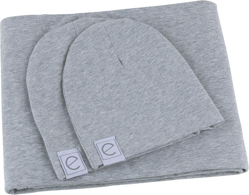 Ely's & Co. Large Cotton Knit Jersey Swaddle Blanket and 2 Beanie Gift Set, Heather Grey Receiving Blanket