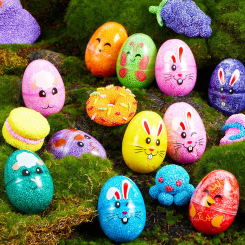 24 JOYIN Pcs Easter Prefilled Eggs with Foam Squishy Toy, Cute Foam Stress Reliever Squishy Toy Fillers for Easter Egg