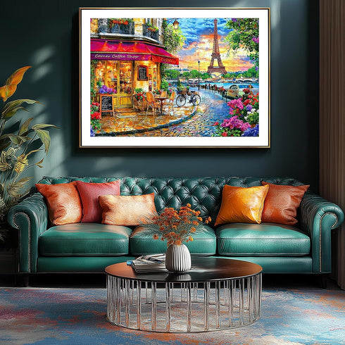 500 Sunset, Back(23" 15") Paris Street Piece Jigsaw Puzzle for Adults & Seniors, Eiffel Tower Cafe Scene Romantic
