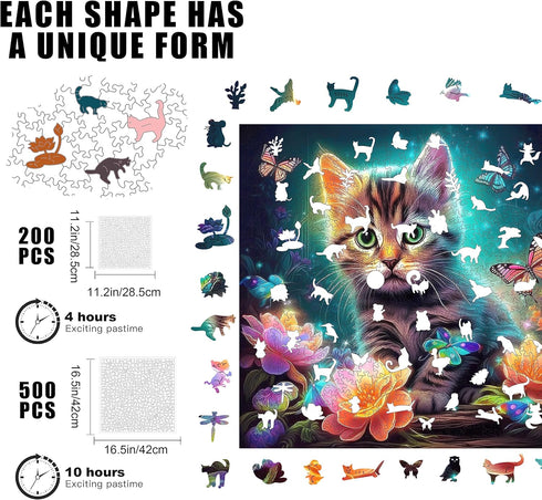 Wooden Puzzles - Kitten in Dream 200 Piece Wooden Jigsaw Puzzle, Unique Luxurious Gift for Adults and Kids