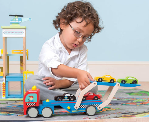 Le Toy Van Motors, Planes & Garages Race Car Transporter Set, Premium Wooden Toys for Kids Ages 3 and Up